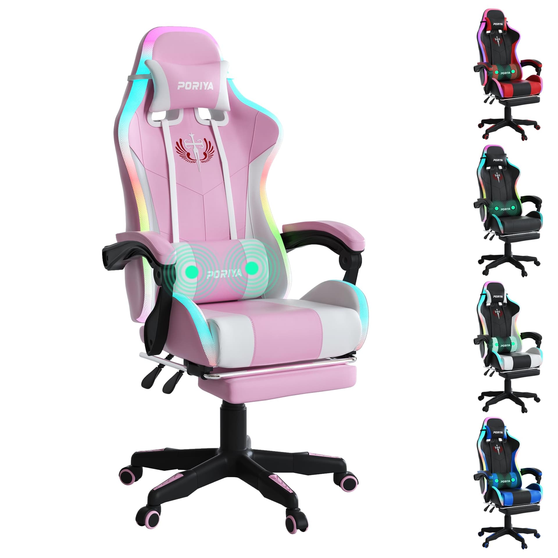 Gaming Chair with Adjustable Backrest, Ergonomic Executive Office Chair, Height Adjustable Racing Chair Maximum Gaming Experience (Pink Massage&LED) - Image 1