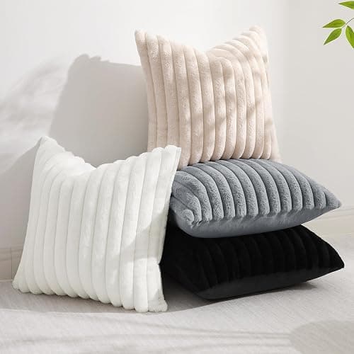 Faux Fur Throw Pillow Covers 12x20 Set of 2, Decorative Soft Plush Striped Lumbar Neutral Couch Euro Pillow Covers with Velvet Back for Sofa, Bed, Living Room Home Decor, White thumbnail 6