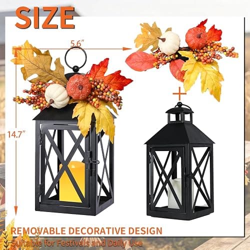 Bdor Fall Lanterns LED Candles 2 Pack 12 Inch Thanksgiving Decor Timer | Removable pumpkin and maple leaf accents, battery operated, tempered glass panels, autumn harvest and Thanksgiving decor thumbnail 3