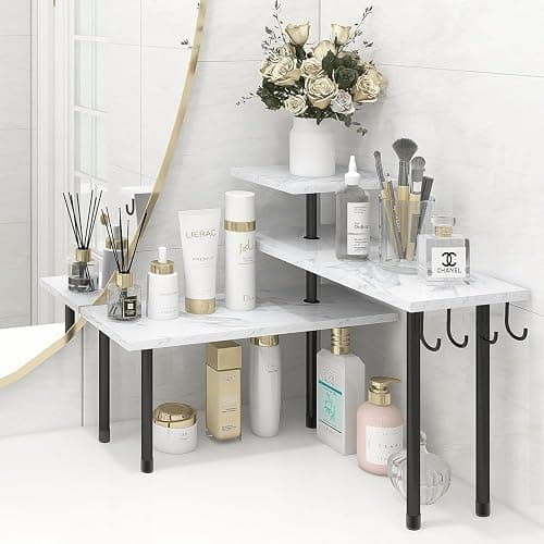 Homode Bathroom Counter Corner Shelf, 3 Tier Kitchen Countertop Organizer for Over The Sink, Make Up, Dresser Table, White Marble - Image 1