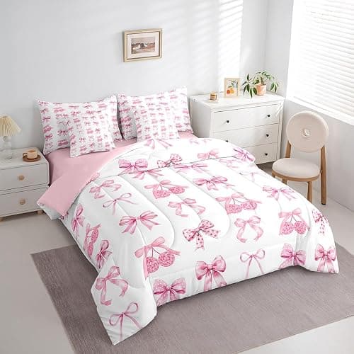 Feelyou Pink Bow Kids Comforter Set with Sheets,Boys Girls Twin Size,Disco Light Ball Print 7 Piece Bedding Set,Cute Coquette Bow Knot Bed in a Bag,Butterfly Knot Princess All Season Bowknot thumbnail 2