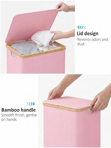 IEGrow Laundry Hamper with Lid,110L Laundry Basket with Mesh Bags,Pink | Dirty Clothes Hamper Basket with Bamboo Handle for Clothes Towels thumbnail 5