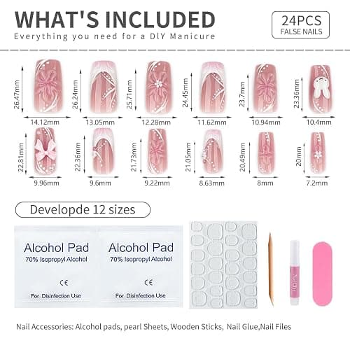 Mivota Soft Gel Press On Nails Long Coffin Pink 3D Flower Bow Bunny Design, Reusable Glue On Fake Nails for Women, Cute Kawaii Salon Manicure Set 24PCS thumbnail 6