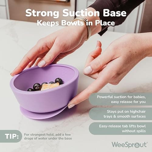 WeeSprout Suction Bowls for Baby & Toddlers (Set of 2) - 100% Silicone w/Plastic Lid - Leak Proof Feeding Supplies - Dishwasher & Microwave Safe Infant Dinnerware w/Extra Strong Base - Muted Blue + Muted Green thumbnail 4