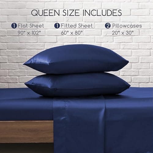 MR&HM Satin Sheets Queen Size with Elastic Corner Straps, Navy Blue | Similar to Silk, 4-Piece Silky Soft Bed Sheet Set, Gentle on Skin and Hair, 15" Deep Pocket, Cooling & Breathable thumbnail 7
