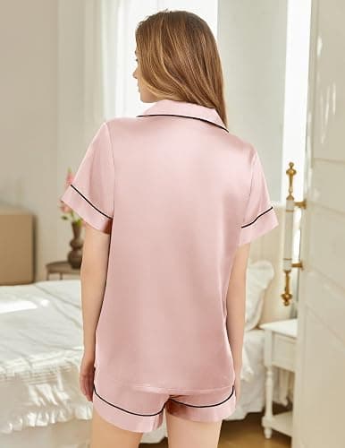 SHEFOTY Silk Pajamas for Women Short Sleeve Sleepwear Soft Button Down Loungewear 2 Piece Satin Pjs Shorts Set S-XXL thumbnail 6