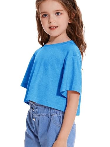 Girls Short Sleeve Crop Tops Kids Fashion Oversized Cute Crew Neck Cropped Athletic T Shirts Trendy Boxy Tee - Lake Blue - 13-14 Years thumbnail 4