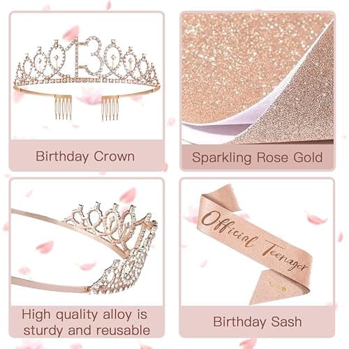 13th Birthday Decorations for Girls, Rose Gold 13th Birthday Banner, Balloon, Cake Topper, Sash and Crown, Happy 13th Birthday Party Decorations for Girls thumbnail 5