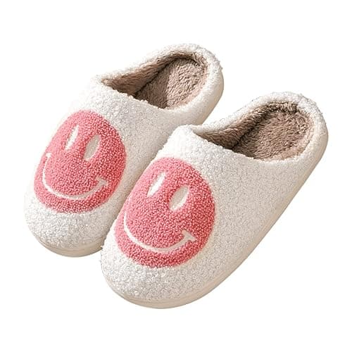 Smile Face Slippers for Women Happy face slippers Retro Soft Plush Warm Slip-on Slippers, Cozy Indoor Outdoor Slippers - 8.5-9.5 Women/7.5-8.5 Men - Pink - Image 1