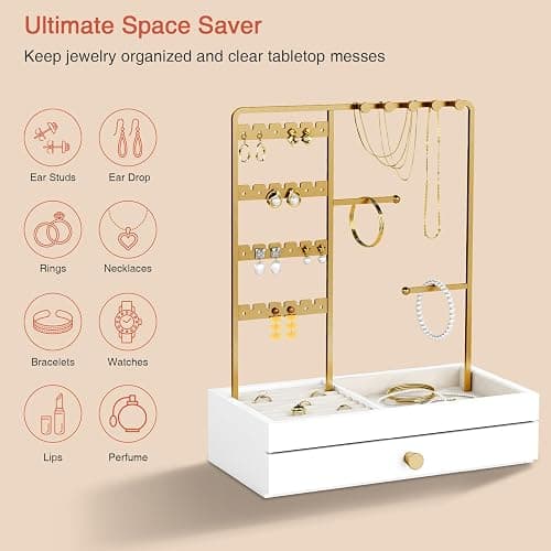 Goozii Gold Jewelry Stand Organizer Necklace Holder, Birthday Gifts for Women Girls, Small Jewelry Stand for Earrings Rings Bracelets, Velvet Jewelry Hanger Tree, Mothers Day Gifts - White and Gold thumbnail 7
