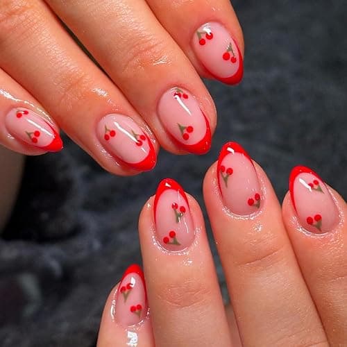 Cute Press on Nails Short Almond French Tip Fake Nails Full Cover Petite False Nails with Cherry Designs Red Glossy Glue on Nails Acrylic Nails Manicure Artificial Nails for Women Girls 24Pcs - Image 1