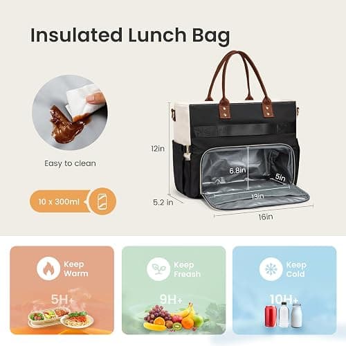 LOVEVOOK Insulated Lunch Bag, Large Capacity Tote with Lunch Compartment, Laptop Bag with Cup Holder, Work Bags for Women, Nurse Lunch Tote for Office, Picnic, 15.6 Inch Black-Beige-Brown thumbnail 5