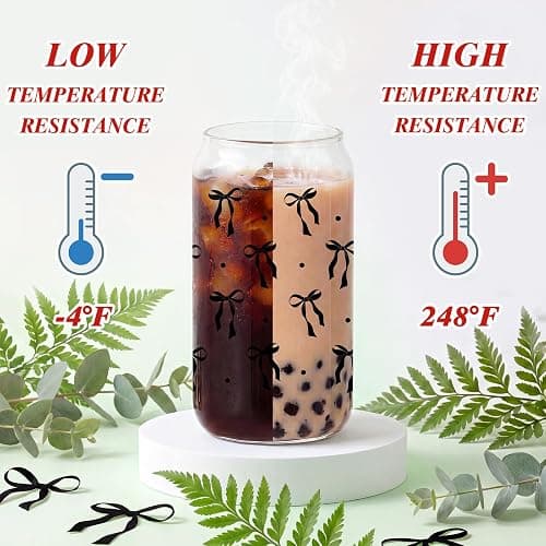 Black Bow Glass Cup with Lids And Straws Cute Halloween Gifts for Women | 16 oz Halloween Glass Cup Iced Coffee Cups Aesthetic Stuff Gift for Haloween Lovers, Women Teacher Teen Girl Gifts thumbnail 4