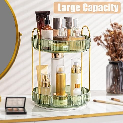 Rotating Makeup Organizer, 2 Tier Large Capacity Perfume Organizer, Cosmetic Organizer for Vanity Bathroom Bedroom, Green thumbnail 4