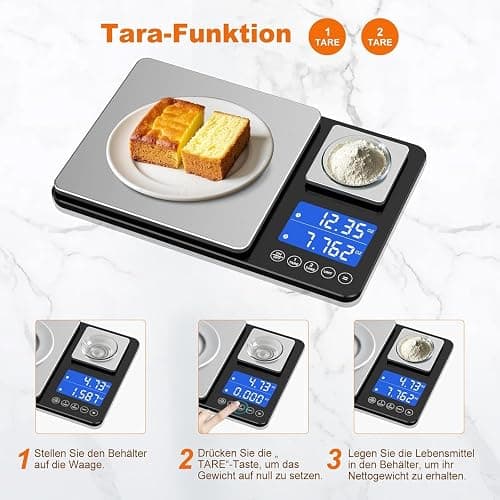 Küchenwaage Digital,Digitale KüChen mit 2 Plattformen 15kg/1g & 500g/0.01g Feinwaage mit 7/6 Einheiten,Summierungsfunktion,Auto-Off, Tara,No Usb,LCD,für KüChe Schmuck Backen Kochen,inkl. Batterien thumbnail 5