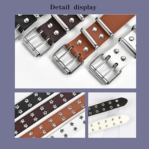 UICIOP Gothic Belt Star Rivet Double Needle Buckle PU Leather Belt Men's and Women's Jeans Fashion Belt - Black - One Size thumbnail 5