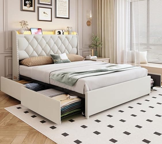 Queen Size Bed Frame with 4 Drawers and Storage Headboard, Upholstered Button Tufted Platform Bed Queen with Led Lights and Charging Station, No Box Spring Needed, Easy Assembly, Noise Free, Beige - Image 1