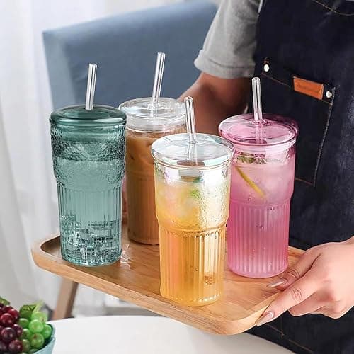 JunVpic Glass Coffee Cups with Lids and Straws, 20 OZ Pink Iced Water Glasses Tumblers for Ice Juice, Tea, Milk, Smoothie and Cold or Hot Drinks, Set of 2 thumbnail 6