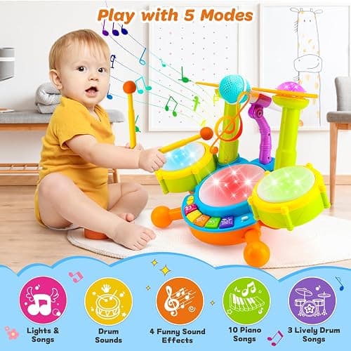 Kids Drum Set for Toddlers 1-3 Musical Baby Toys for 1 Year Old Boy Gifts Montessori Baby Girl Toys with Microphone Light Up Learning Toys Birthday Gifts for Infants 6 9 12 18 Months Toddler Age 1-2 thumbnail 3