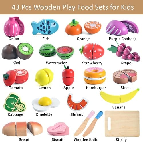 WHOHOLL 43 Pcs Wooden Play Food for Kids Play Kitchen Accessories Playset with Basket, Pretend Cutting Food Toys for 3 4 5 6 Year Old, Vegetables Fruits Toys Christmas Birthday Gifts for Girls Boys thumbnail 2