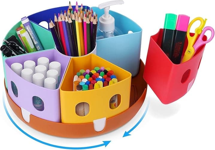 GAMENOTE Rotating Art Supply Organizer, Lazy Susan Caddy, Large | Rotating organizer keeps markers, crayons and craft supplies visible and easy to reach on classroom or home desks - Image 1