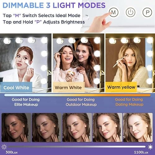 M MIVONDA Vanity Mirror with Lights, Lighted Makeup Hollywood Mirror with Dimmable 3 Color Lights LED Bulbs for Desk and Wall, Mirrors with Plug-in and USB Charger for Bedroom thumbnail 4
