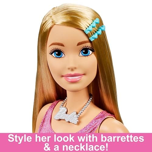 Large Barbie Doll with Blond Hair, 28 Inches Tall, Shimmery Pink Dress with Necklace and Hair Clip Accessories, HJY02 thumbnail 6