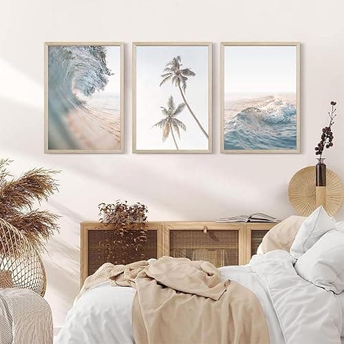 Beach Wall Art Pictures Coastal Canvas Wall Decor Ocean Waves Poster Blue Beach Scene Artwork Palm Tree Art Coastal Landscape Prints for Living Room Bedroom 12x16 Inch Framed Set of 3 thumbnail 5