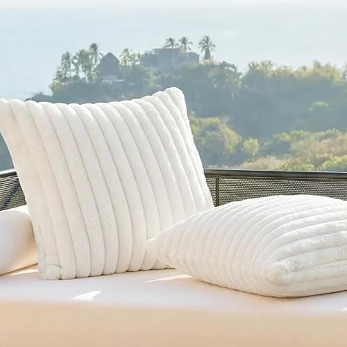 Bedsure Double-Side Striped Decorative Throw Pillow Covers 18x18 Set of 2, Spring White Fluffy Soft Pillow Covers, Home Decor for Couch Sofa Living Room Bedroom - Image 1