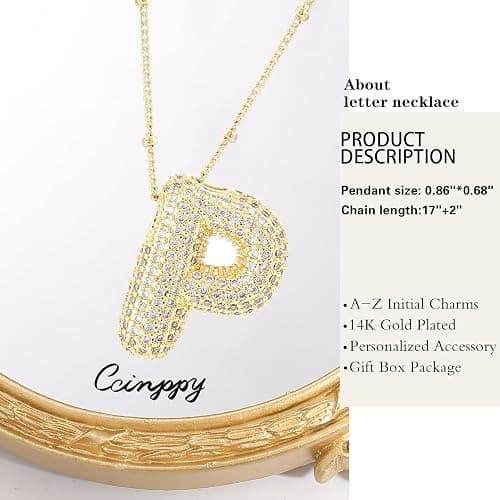 CCINPPY Letter Necklace, 14k Gold Plated Bubble Balloon Dainty Necklace for Women, Chunky Initial Charm Pendant Name Necklace Personalized - Letter P - Gold thumbnail 5