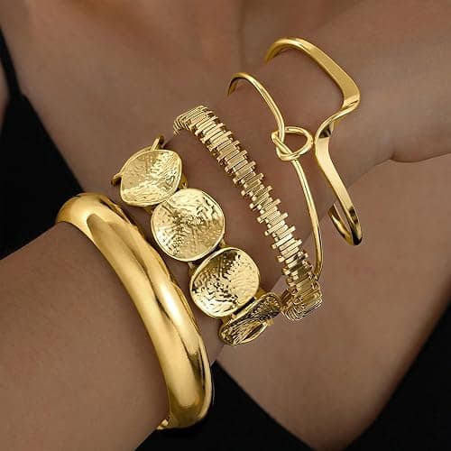 iF YOU Gold Bangle Bracelets for Women, Dainty Knot 14K Gold Plated Multi Layer Bangle Cuffs, Personalized Boho Chunky Bracelets for Women Jewelrys Set Gifts thumbnail 5