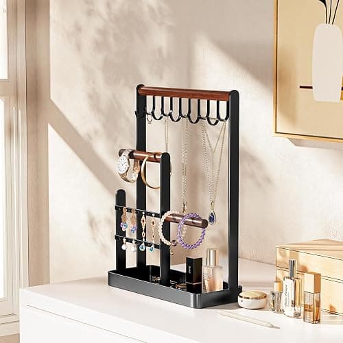 ProCase Jewelry Stand Holder Organizer, 4-Tier Necklace Holder with Ring Tray, 10 Hooks Necklaces Hanging Small Jewelry Display Storage Tower Tree for Bracelets Earrings Watches -Medium, Black thumbnail 7