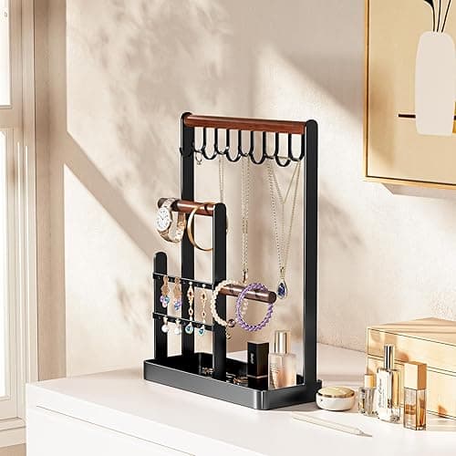 ProCase Jewelry Stand Holder Organizer, 4-Tier Necklace Holder with Ring Tray, 10 Hooks Necklaces Hanging Small Jewelry Display Storage Tower Tree for Bracelets Earrings Watches -Medium, Black thumbnail 8