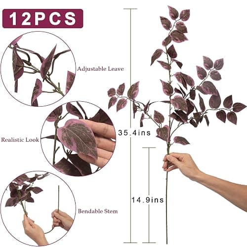 Daynight 35″ Fall Artificial Eucalyptus Stems, 12Pcs Silk Faux Eucalyptus Leaves Branches, Autumn Harvest Greenery Stems for Thanksgiving Halloween Farmhouse Table Centerpiece DIY Decor (12, Burgundy) thumbnail 4