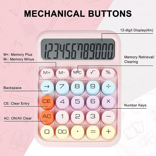 DANRONG Mechanical Switch Calculator with Big Buttons, Calculators Desktop, 12 Digits, Large LCD Display, Desk Calculator, Cute Pink Calculators for Teachers Students Basic Office (Pink) thumbnail 3