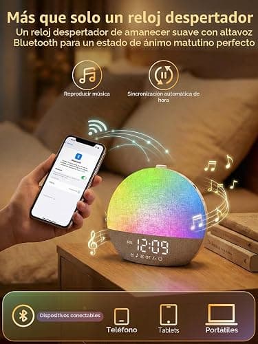 Despertador Amanecer, Despertador con Luz Natural Simulación de Amanecer, Lámpara de Cabecera Bluetooth, 30 Sonidos Ruido Blanco, 17 Modos de Luz RGB, 20 Niveles de Brillo, Temporizador y Snooze thumbnail 5