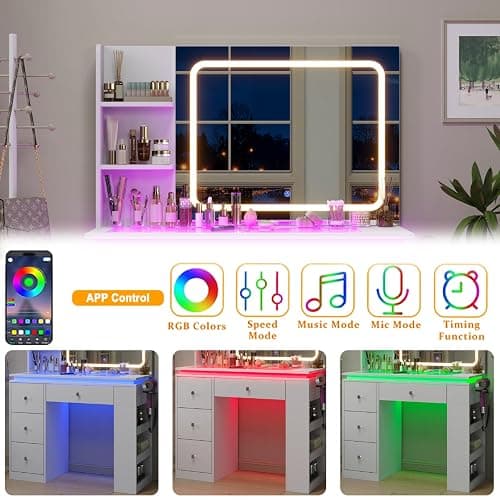 HuaYing White Vanity Desk with Illuminated Mirror & Power Outlet, Bedroom Dresser LED Mirror Stepless Dimmable & 3 Color Modes Adjustable RGB Drawers, for Women Girls Bedroom（Pure White thumbnail 5