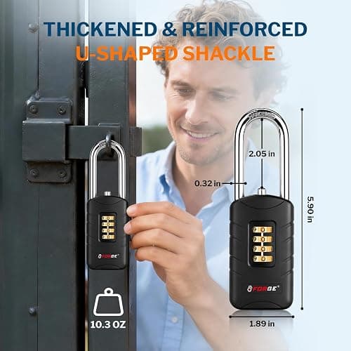 Forge 4-Digit Combination Padlock with Backup Keys, Recover Forgotten Code, Waterproof Outdoor Lock, Anti-Pick, for Locker, Gate, Fence, Hasp, Storage. (Black, Long Shackle 1 Lock) thumbnail 2