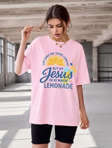 Oversized Christian Shirts for Women Jesus is My Jam T-Shirt Jesus Lemonade Graphic Tees Bible Verse Inspirational Tops thumbnail 3