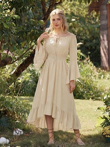 Scarlet Darkness Renaissance Dress Women Off Shoulder Bell Sleeve Dress | Bell Sleeve, Pockets, High Low Hem, for Fairy Goth Halloween Pirate Party thumbnail 3