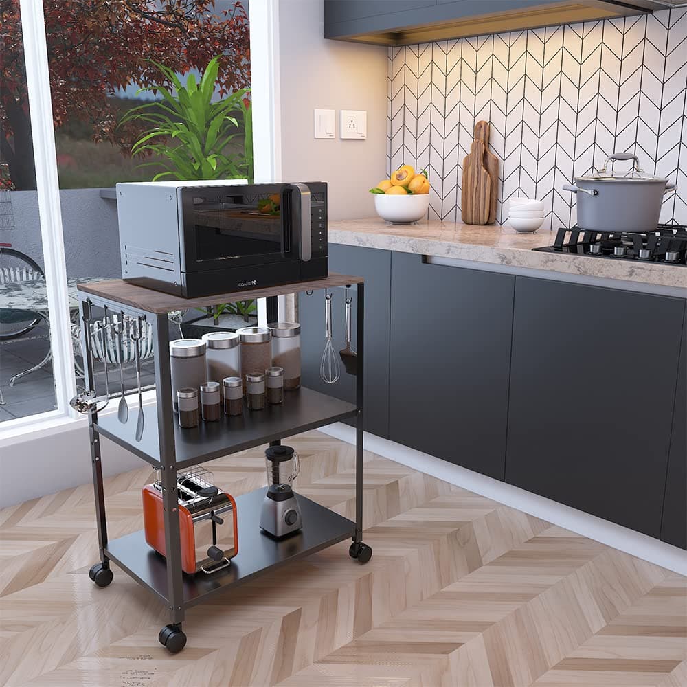 DECOWORLD || 3 Tier Premium Microwave & OTG Stand || Mutiple Platforms for Extra Storage with Hooks and Wheels|| Kitchen Oven Rack thumbnail 6
