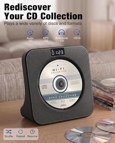 MEGATEK Portable CD Player with Bluetooth RX/TX, FM Radio & USB - Black | Desktop Design, HiFi Stereo Speakers, Front Display, Headphone Jack, Sleep Timer, Remote, USB-C Adapter Included thumbnail 5
