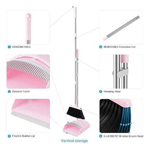 BSKLIN Pink Broom and Dustpan Set, 52” Long Adjustable Handle Broom with Dustpan Combo Set with Dust Pan Teeth to Clean Hair for Home Lobby Office thumbnail 3
