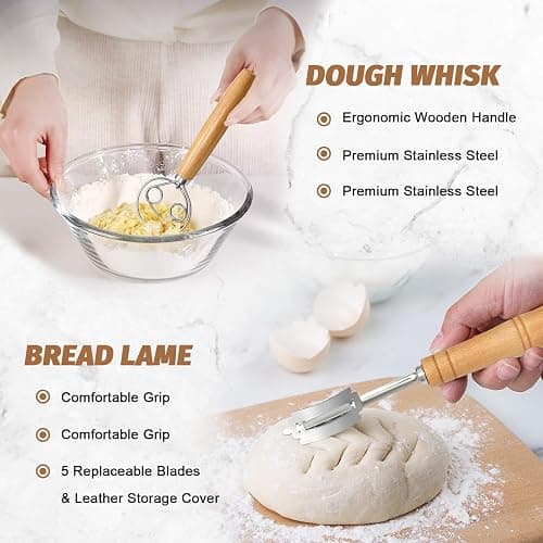 Sourdough Proofing Basket Gift Set, 9" Round and 10" Oval Banneton Bread Baking Supplies, Sourdough Baskets with Bread Lame, Danish Whish, Bowl Scraper, Sourdough Scraper, and Linen Liners thumbnail 4