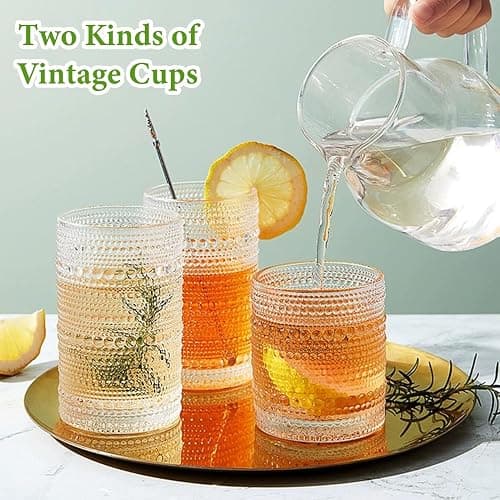 Hlukana Vintage Hobnail Drinking Glasses Set of 8, 12 oz Highball Glasses & 10 oz Cocktail Glasses Set, Kitchen Water Glasses Cup, Bar Tumbler Glassware Set for Beer, Juice, Cocktail, Whiskey, Milk thumbnail 7
