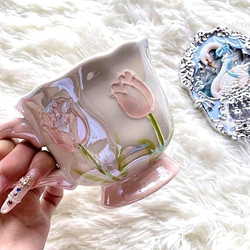 DTIUYIOP Ceramic Coffee MugEspresso Cup 14oz Pink Cute Flower withSpoon | novelty coffee mug，Glazed Ceramic Smooth Glossy Surface Lead ，Comes with Matching Spoon ，cute mugs for women thumbnail 6