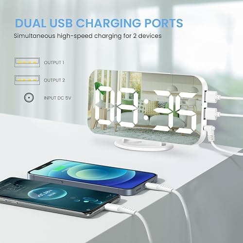Muoigoe Digital Alarm Clock,Large Display LED And Mirror Desk Clock With Dual USB Charger Ports, 3 Levels Brightness,12/24H Alarm Clocks, Modern Electronic Clock for Bedroom Living Room Office - White - White thumbnail 4
