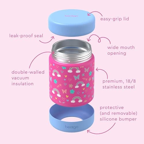 Bentgo Kids Stainless Steel Food Jar - 11oz Leak-Proof Double Insulated Hot or Cold Food Container with Removable Silicone Bumper, Dishwasher Safe, Easy Open Lid, Ages 3+ (Rainbows and Butterflies) thumbnail 6