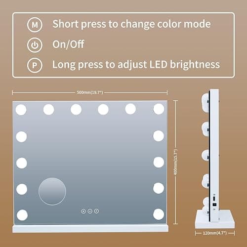 NUSVAN Vanity Mirror with Lights Lighted Makeup Mirror with Dimmable LED Bulbs,3 Color Lighting Modes,USB Charging Port Touch Control,Sturdy Metal Frame Design,White (50x40cm, 4.70) thumbnail 3