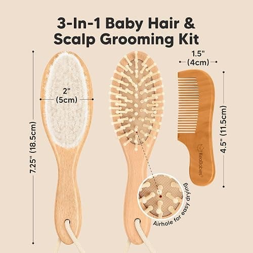 Baby Hair Brush Set for Newborns - Soft Goat Bristle Wooden Baby Brush and Comb Set Newborn Grooming Kit for Cradle Cap, Durable & Gentle, Boy, Girl Infant Essentials Care Kit (Oval, Walnut) thumbnail 2